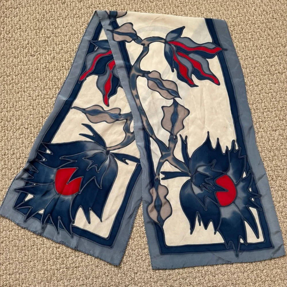 Artisan Hand Painted Blue Red White Silk Floral Neck Skinny Oblong Scarf